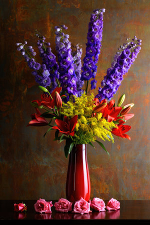 A vibrant floral arrangement featuring a stunning mix of purple delphiniums, red lilies, and yellow goldenrod in a red vase, with pink roses at the base.の写真素材