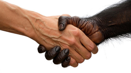 A human hand shaking a chimpanzee's hand, representing cooperation or connection.の写真素材