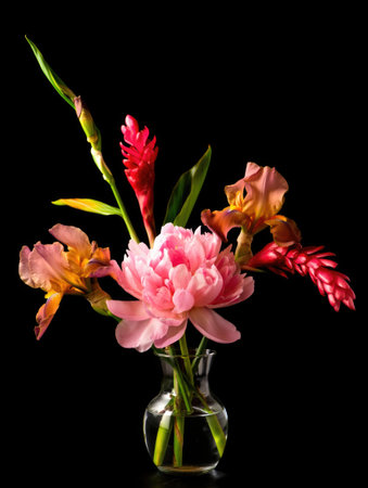 A beautiful floral arrangement featuring pink peony, iris flowers, and red ginger in a glass vase against a black background.の写真素材