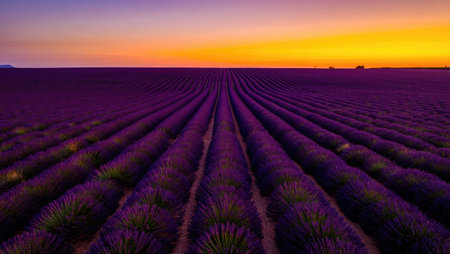 A vibrant lavender field basks in the golden and purple hues of a sunset, perfect for serene backgrounds and travel themes.の写真素材