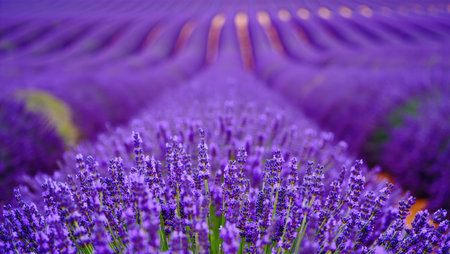 A stunning, close-up perspective of vibrant lavender fields stretches towards the horizon, creating a beautiful visual.の写真素材