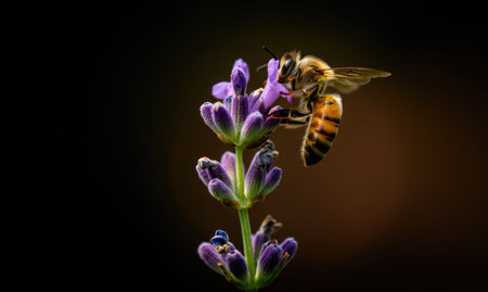 A honeybee gathers nectar from a vibrant purple lavender flower, showcasing nature's beauty in a close-up shot.の写真素材