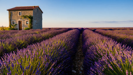 Scenic view of a stone house in a field of lavender under a clear blue sky at sunset.の写真素材