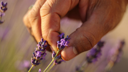 A hand gently picks a lavender sprig bathed in warm sunlight, showcasing delicate purple flowers in a field.の写真素材