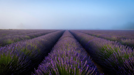 A stunning field of lavender in full bloom, bathed in morning mist under a clear blue sky.の写真素材