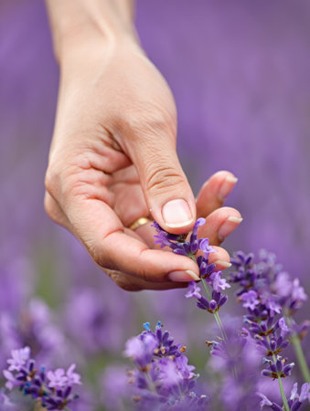 A hand gently touches lavender flowers in a field, with a blurred background highlighting the vibrant purple hues.の写真素材