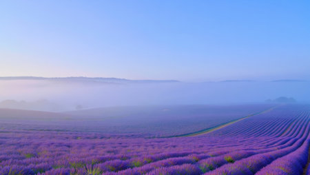 A serene lavender field bathed in the soft glow of dawn. Mist blankets the distant hills, creating a dreamy landscape.の写真素材