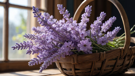 A basket brimming with vibrant lavender blooms sits by a window, bathed in soft sunlight.の写真素材
