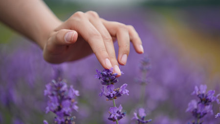 A hand gently touches a vibrant lavender flower, set against a blurred background of a lavender field, evoking a sense of tranquility and connection with nature.の写真素材