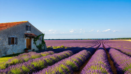 Scenic landscape featuring a stone house with a vibrant lavender field under a clear blue sky.の写真素材