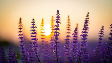 A serene sunset bathes purple wildflowers in golden light, creating a tranquil and picturesque scene.の写真素材