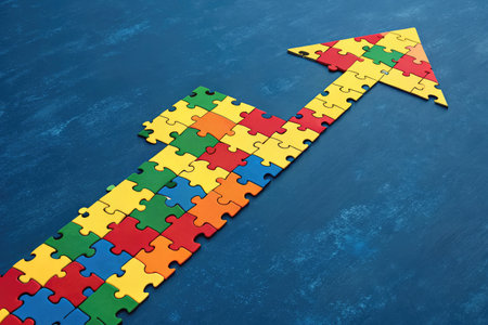 An arrow constructed from colorful puzzle pieces symbolizing progress and teamwork against a...