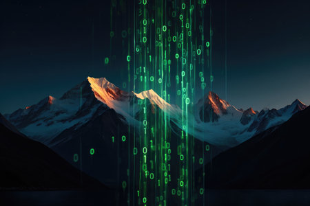 A stunning visual metaphor, representing the flow of data and information from the digital world to the natural world, symbolized by mountains.の写真素材