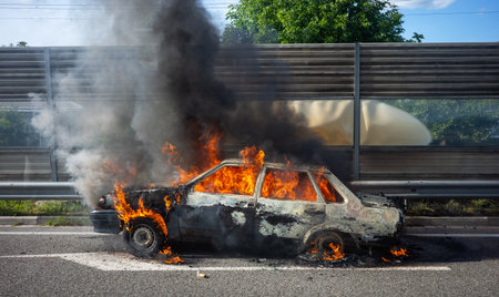 A car burns fiercely on the roadside, producing thick smoke and flames. The incident highlights the destruction and chaos amid the ongoing war in Ukraine, reflecting the impact on civilian life.の写真素材