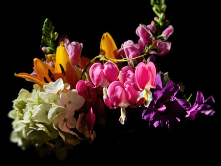 A vibrant floral arrangement with an array of colors and textures against a stark black background.の写真素材