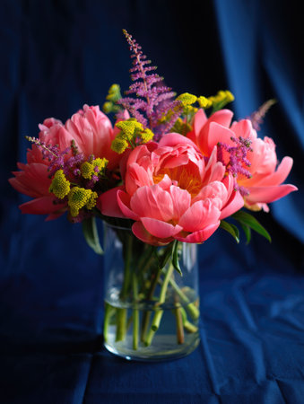 A vibrant bouquet of pink peonies and other flowers in a glass vase against a deep blue background.の写真素材