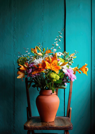 A vibrant bouquet of mixed flowers in a terracotta vase sits on a wooden chair against a teal wooden backdrop.の写真素材