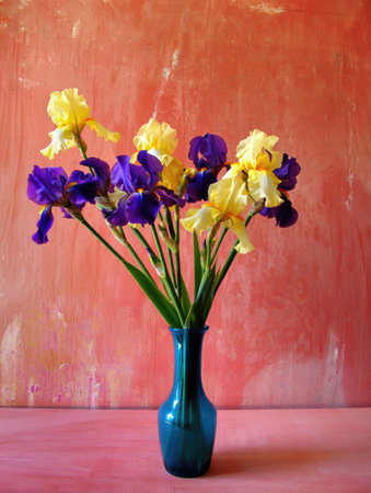 A vibrant still life featuring yellow and purple irises in a blue vase against a textured pink background.の写真素材