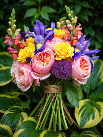 A vibrant floral bouquet featuring roses, irises, and other colorful flowers, tied with twine, set against a green background.の写真素材