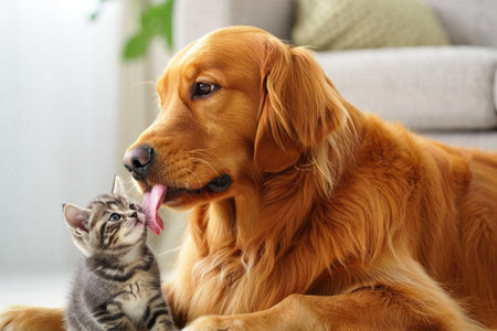 A golden retriever dog lovingly licks a small kitten. They are showing affection and are in a close up shot.の写真素材