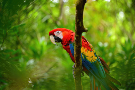 A vibrant scarlet macaw perched on a branch amidst lush, green foliage. The bird displays its colorful plumage in natural light.の写真素材