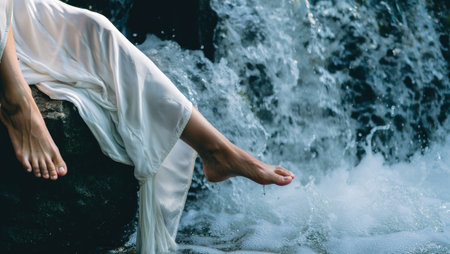 A person's feet hang out above a waterfall, with white fabric flowing. The water cascades over rocks in a natural scene.の写真素材