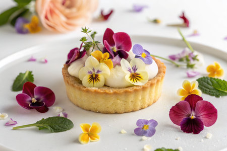 A beautifully decorated dessert tart, adorned with edible flowers, is presented on a white plate...