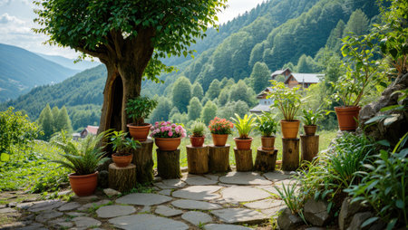 A scenic view of a garden featuring potted plants on tree stumps, with a backdrop of lush green...