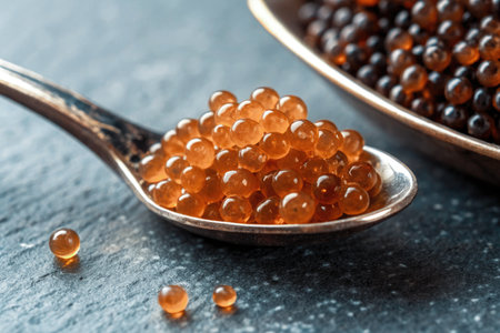 A close up shot of delicious caviar served on a spoon with a rustic and luxurious feel, perfect for culinary themes.の写真素材