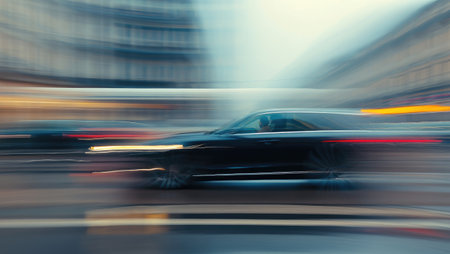 A dynamic shot captures a black car in motion, streaks of light blurring against the backdrop of a cityscape.の写真素材