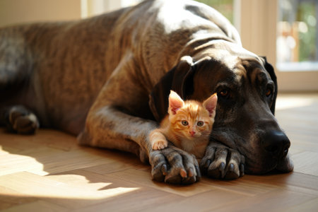 A serene scene of a large dog gently resting alongside a small orange kitten, bathed in soft sunlight on a wooden floor.の写真素材
