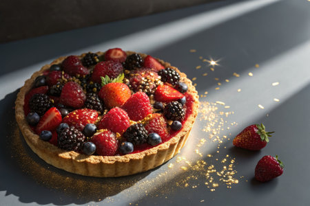 A delicious berry tart, beautifully presented with fresh strawberries, raspberries, blueberries, and blackberries, perfect for a sweet treat.の写真素材