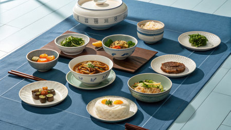 An elegant and beautifully arranged Korean meal set with various side dishes and a centerpiece, capturing the essence of traditional cuisine.の写真素材
