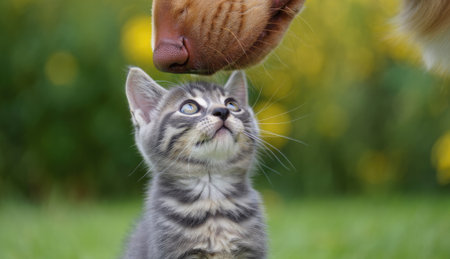 A curious kitten looks up at a dog's nose, demonstrating friendship in a soft focus, natural setting.の写真素材