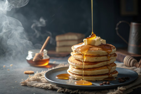 A stack of fluffy pancakes drizzled with golden syrup and topped with butter, a delicious breakfast...