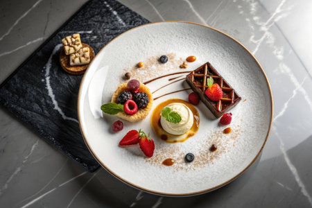 A beautifully arranged dessert plate featuring various fruits, pastry and chocolate, perfect for food enthusiasts.の写真素材