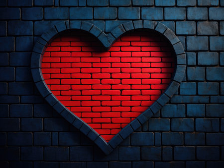 A heart shaped opening carved into a brick wall revealing a red brick interior. The contrast between the blue and red is striking.の写真素材