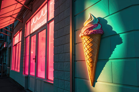 An inviting exterior shot of an ice cream shop, featuring a large cone and a colorful facade in a warm and inviting atmosphere.の写真素材
