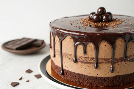 A delicious chocolate cake with dark chocolate ganache and chocolate decorations, perfect for dessert or celebration. Includes a small plate of chocolate pieces.の写真素材