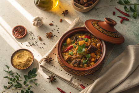 A delicious and beautifully presented dish of couscous with vegetables and meat, surrounded by spices.の写真素材