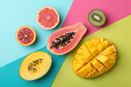 Vibrant still life of assorted tropical fruits on colorful background, perfect for healthy eating concepts.の写真素材