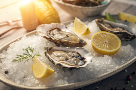 A close up of fresh oysters on ice with lemon wedges, a vibrant and appetizing seafood dish, perfect for culinary and dining themes.の写真素材