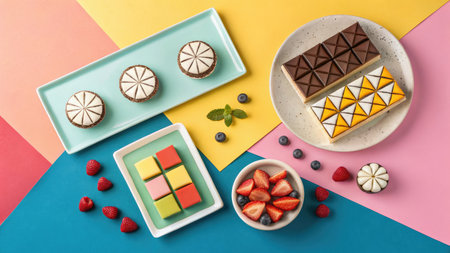An overhead shot showcasing a vibrant array of desserts, including cakes and pastries, artfully arranged on colorful backgrounds.の写真素材