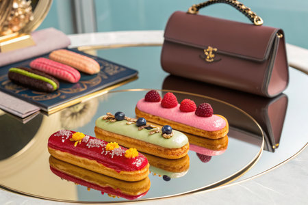 An elegant display of colorful eclairs with fresh berries alongside a designer handbag on a reflective surface.の写真素材