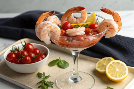 This image showcases a vibrant shrimp cocktail with fresh tomatoes, lemon, and parsley, artistically arranged on a tray.の写真素材