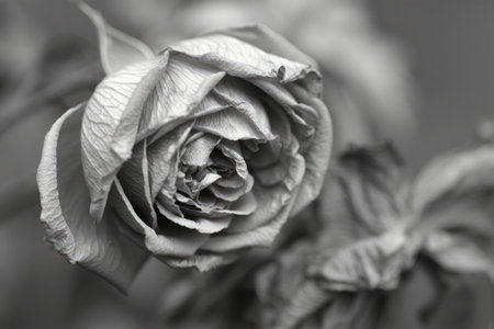 A monochromatic close up of a delicate rose, its petals gracefully unfurling, creating a captivating display of texture and form.の写真素材