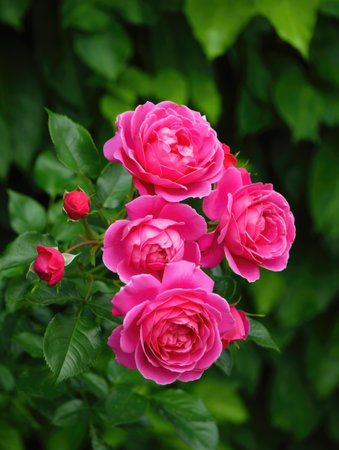 A cluster of vibrant pink roses in full bloom, surrounded by lush green foliage, showcasing nature's beauty.の写真素材