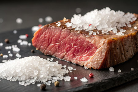A close up shot of a grilled steak seasoned with salt and pepper, beautifully presented on a black surface.の写真素材