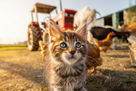 A cute kitten gazes directly at the camera, set against a farm backdrop with a tractor and chickens. Warm sunlight bathes the scene.の写真素材