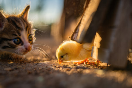 A curious kitten watches a fluffy yellow chick, sunlight creating a warm, inviting scene in a rural setting.の写真素材